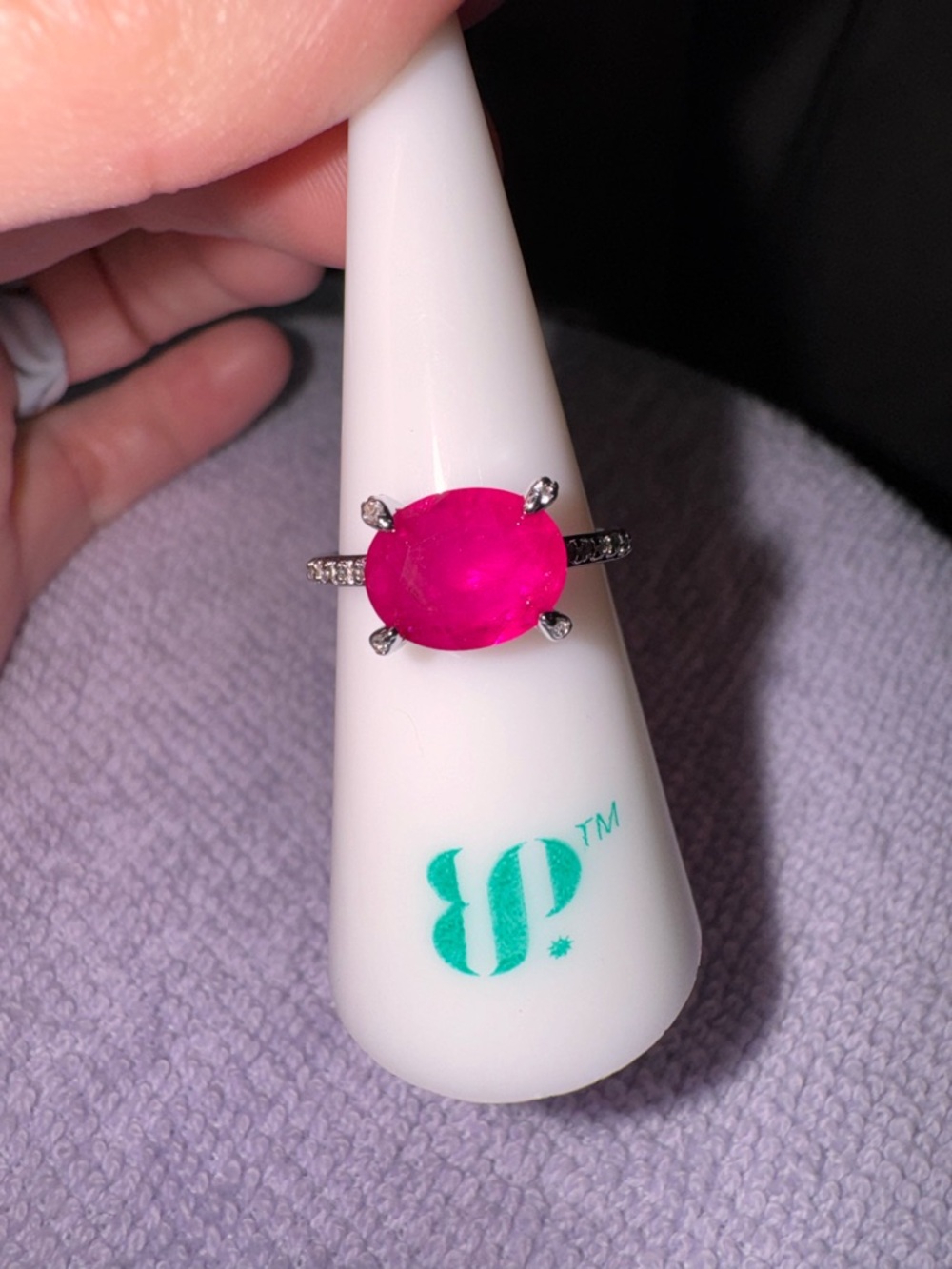 bp Hot Pink Oval Solitaire Ring with Pavé Silver Band